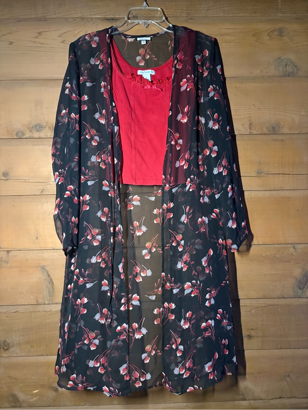 Vintage 90s Sheer Dark Floral Duster Black Red White Long Sleeve Kimono